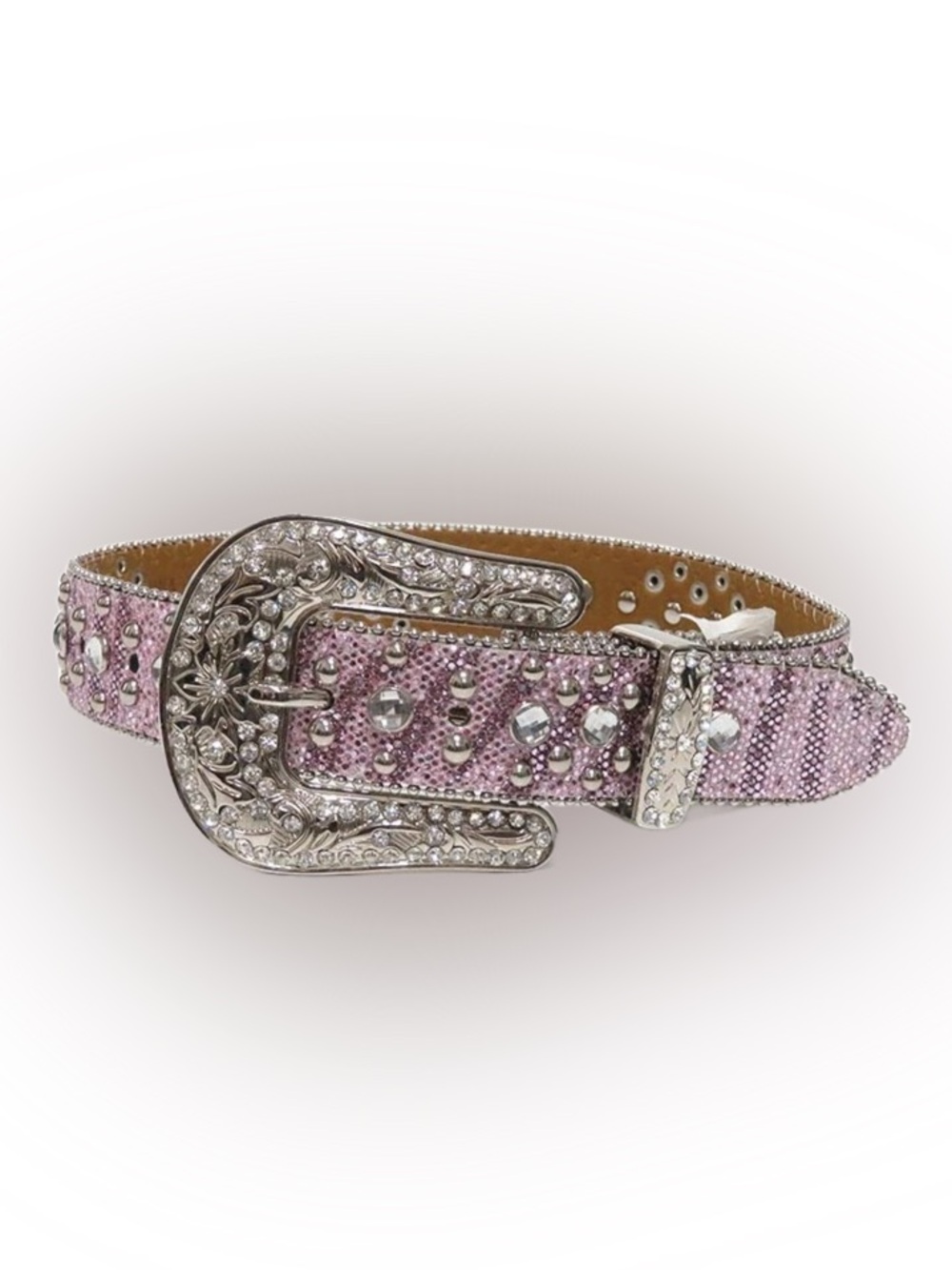 Girls Western Belt Rhinestone  Bling Pink Leather Studs Silver Tone Buckle 18